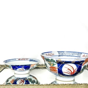 Japanese Imari Arita Medallion Rice Bowls Hand Painted Porcelain Pair Decorative Bowls