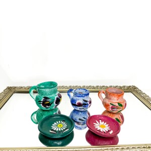 Set of Minature Mexican Pottery Mugs and Plates with Floral Design
