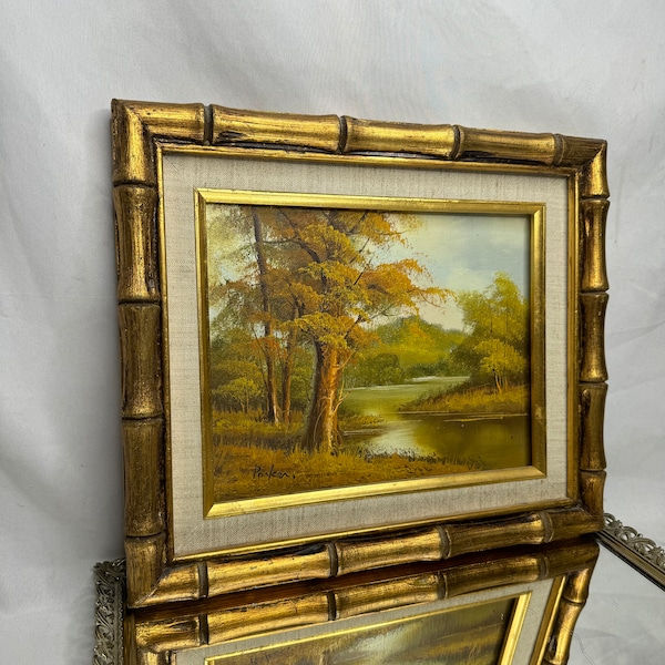 Beautiful Vintage Gold Gilt Faux Bamboo Framed Signed Oil Painting of River Mountain Landscape