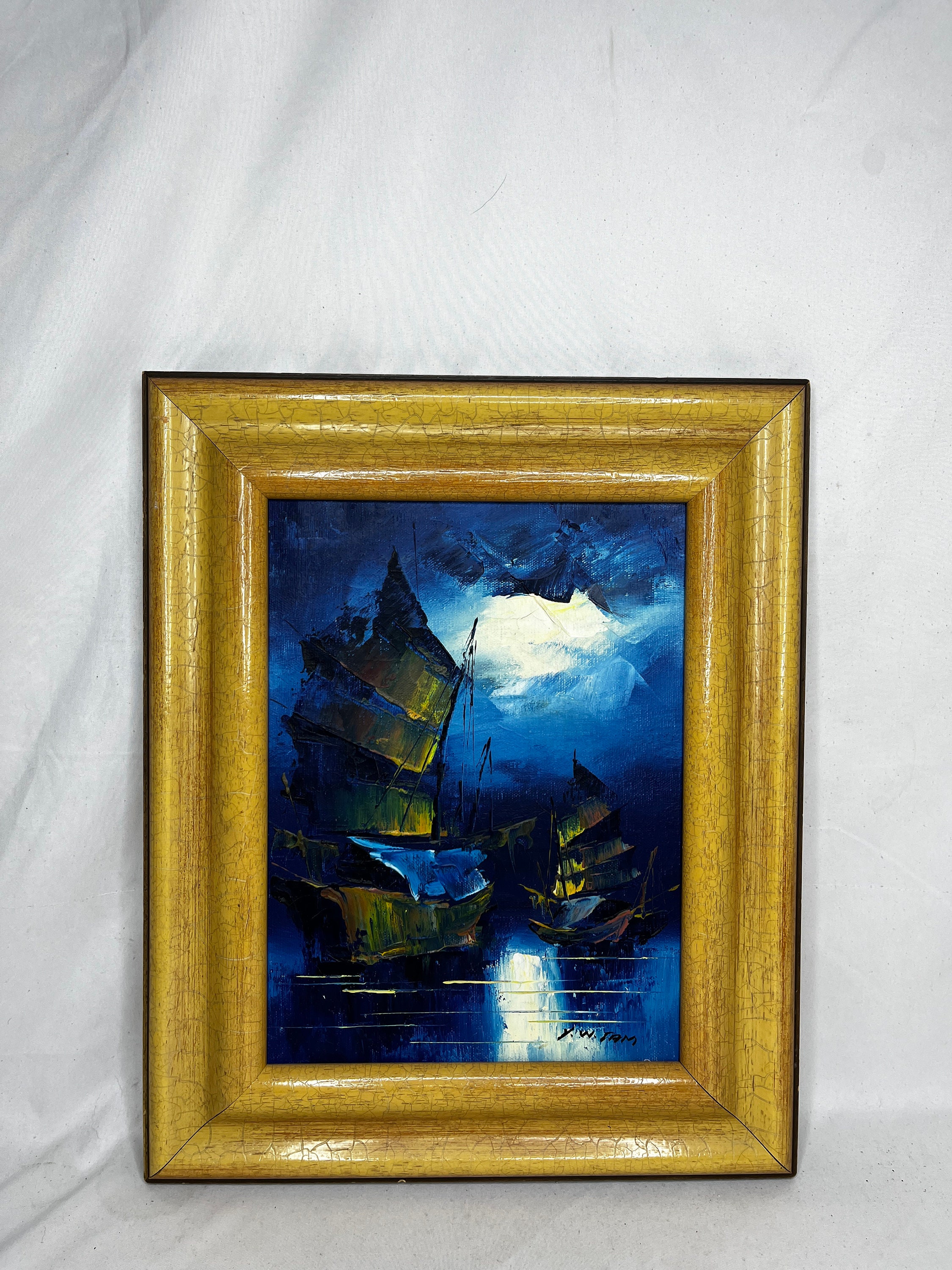 Wooden Framed Vintage Chinese Junk Boats Nautical Oil