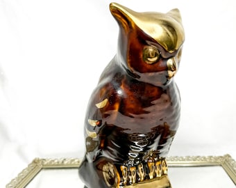 Rare Large MCM Vintage Ceramic Brown and Gold Owl Planter Vase HandPainted