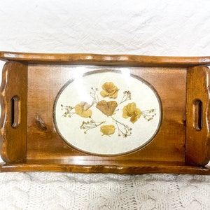 Bohemian 70s dried floral wooden table tray, Cottagecore, Country Farmhouse, Grannycore