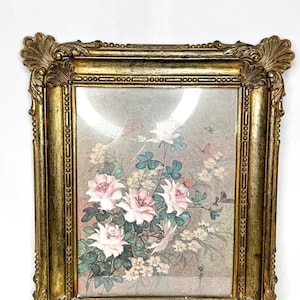 Vintage 1973 Plastic Dart Framed Floral and Butterflies Picture Under Glass