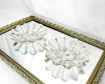 Vintage Iridescent Candle Holders - 1950s Federal Glass Scalloped Pair