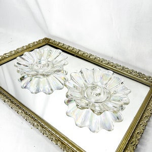 Set of 2 - 1950s Federal Glass Clear Rainbow Iridescent Scalloped Celestial Pattern 5 1/4&quot; Candle Holders