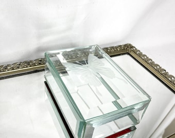 Vintage Mirrored Cut Glass Lidded Jewelry Box with Frosted Butterfly Design
