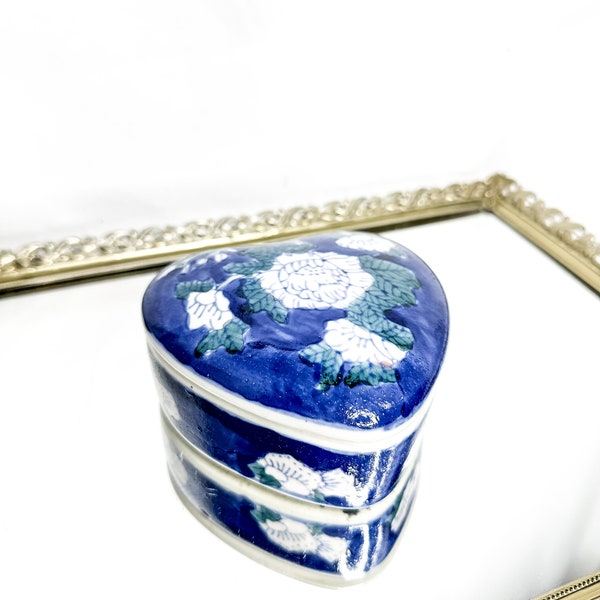 Vintage China Blue Porcelain Pink Flower Heart Shaped Jewelry Box Trinket Box