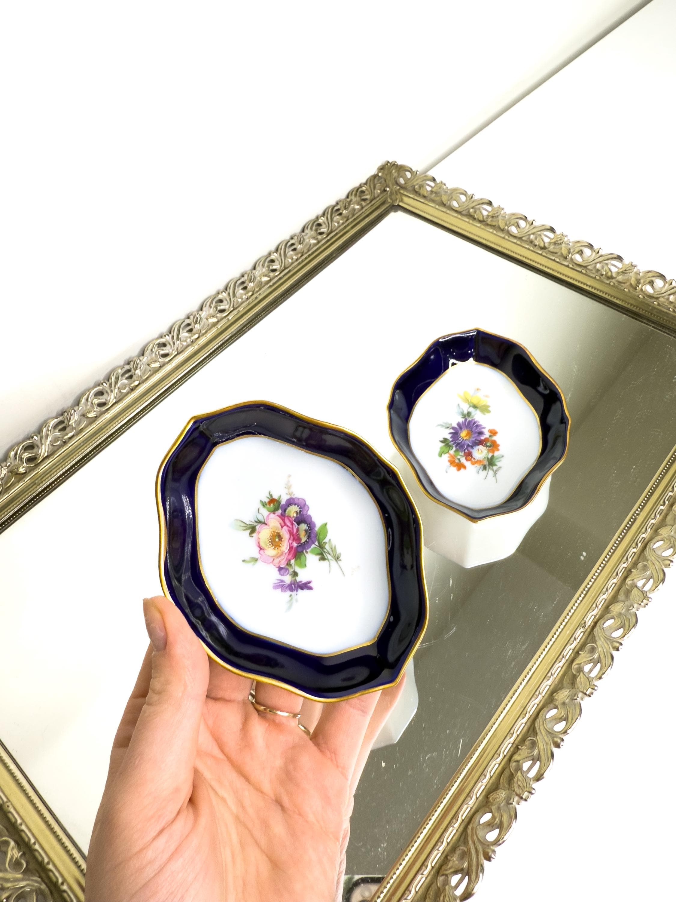 Set of Two German A K Kaiser Vintage Hand-Painted Floral Scharffeuer Kobalt Oval Stacking  Trinket Dishes
