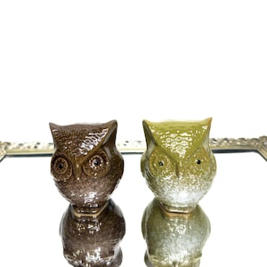 Set of two Green and Brown Vintage Glazed Ceramic Owl Figurines , Shelf Decor , Owl lover gift