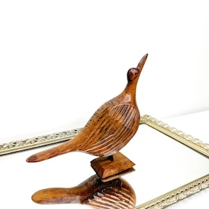Vintage Hand-Carved Wooden Sitting Bird Sculpture, Mid Century Wood Bird Figure Home Decor