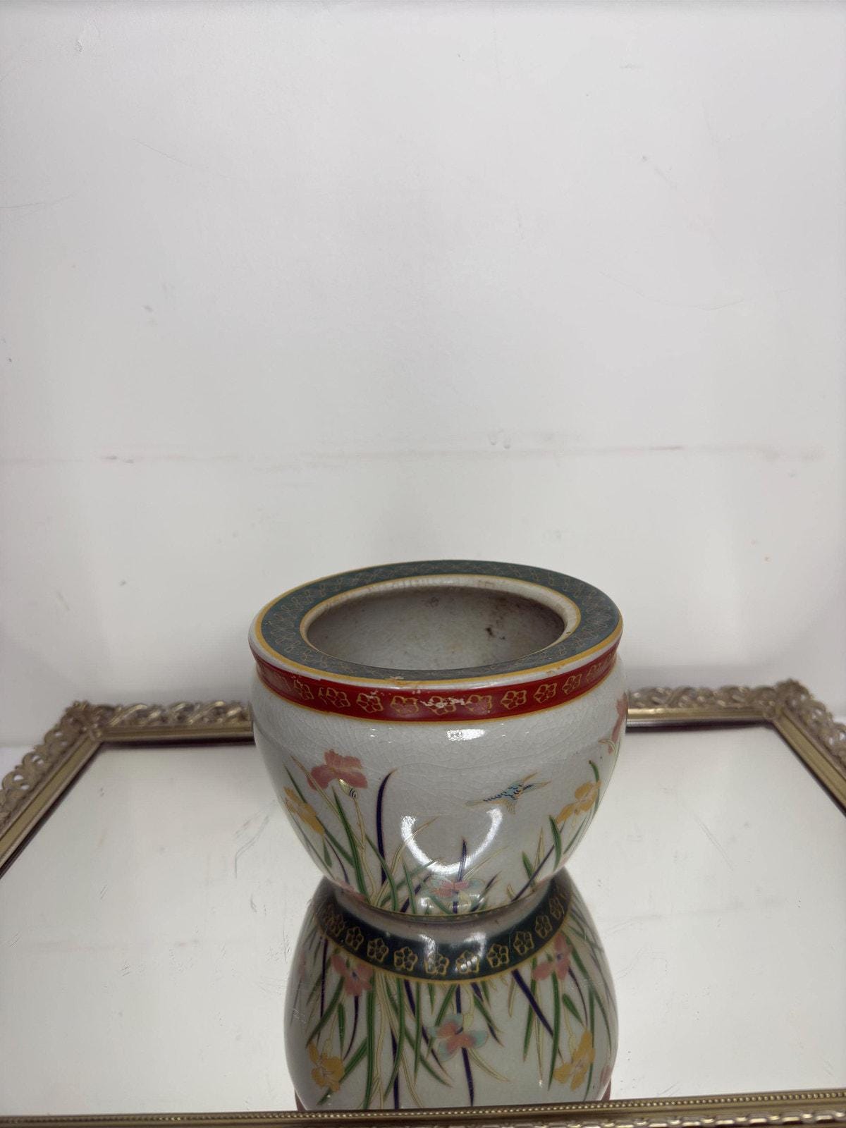 New England Pottery Ming Dynasty Fish Bowl Planter Vase, Floral