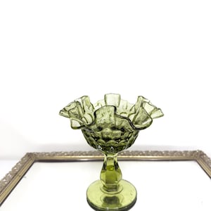 Fenton candy dish colonial green thumb print pedestal dish, Vintage Green Glass, Avocado Glass
