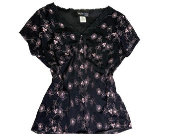 Black pink floral lace babydoll top