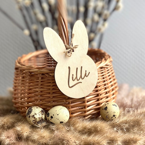 Oster-Anhänger personalisiert | Osterhase mit Name | Osterkörbchen-Anhänger | Osterstrauch | Holz | Geschenkanhänger | Platzkarte