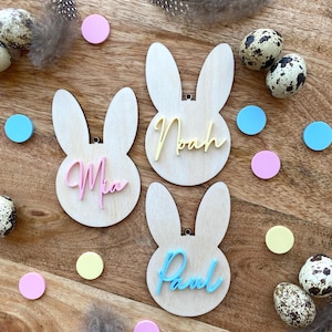 Oster-Anhänger personalisiert | Osterhase mit Name Pastell | Osterkörbchen-Anhänger | Osterstrauch | Holz | Geschenkanhänger | Platzkarte