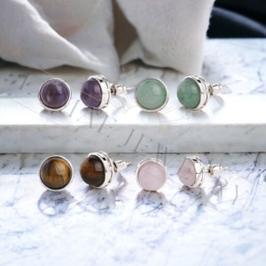 Natural Gem Stone, Round Stud Earrings, Silver, Simple, Minimal, Jewelry for Women, Gift for Her, Cabochon Stone, Platinum Plated Copper