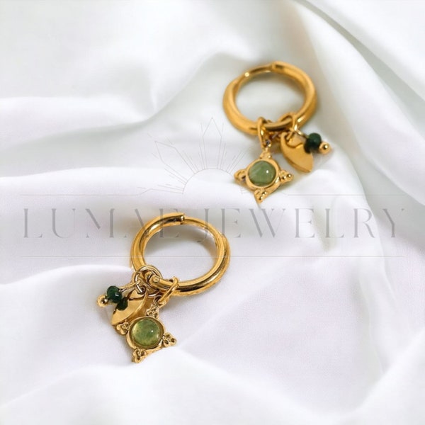 Dangle Hoop Earrings, Stainless Steel, 18K Gold PVD Plated, Charms, Crystal, Gem stone, Aventurine, Jewelry, Gift for Her, Minimal, Delicate