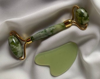 Rodillo de jade + set Gua Sha, Piedra de jade real certificada, Bienestar, Caja de regalo, Belleza, Masaje facial, Masaje corporal, Para ella, Para él, Anti edad