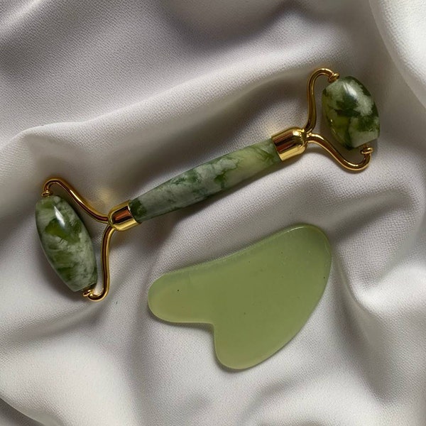 Jade roller + Gua Sha set, Real certified Jade stone, Wellbeing, Gift box, Beauty, Face massage, Body massage, For her, For him, Anti age