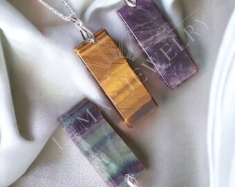 Natural Stone Rectangle Pendants Necklace Pillar Crystal Fluorite Amethyst Agate Tiger Eye Stainless Steel Chain Necklace Gift for her