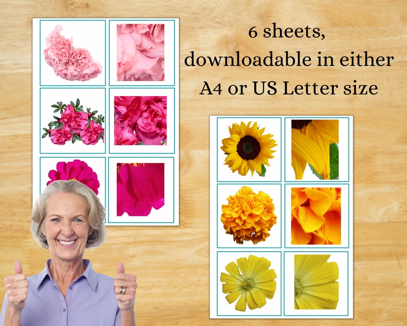 May include: Six printable sheets of flower images, including pink carnations, pink roses, pink peonies, yellow sunflowers, yellow marigolds, and yellow daisies. The text "6 sheets, downloadable in either A4 or US Letter size" is visible in the image.