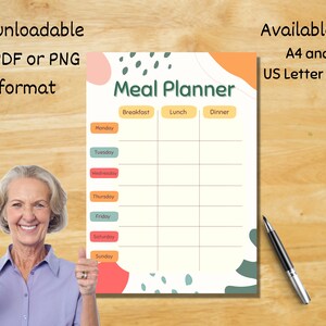 May include: A printable meal planner with a colorful abstract design. The planner is divided into sections for breakfast, lunch, and dinner, with days of the week listed down the side. The planner is available in A4 and US Letter size.