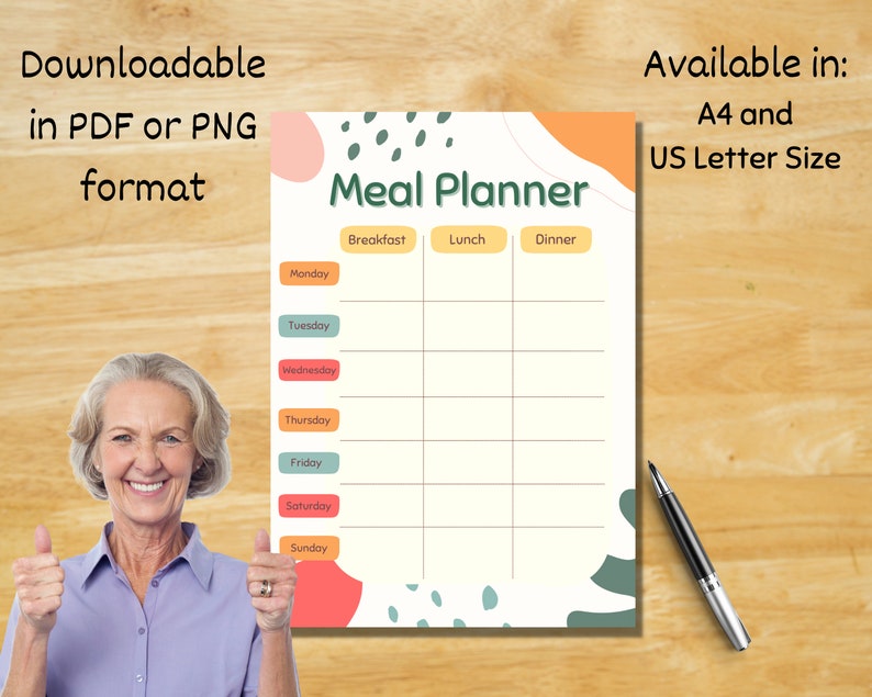 May include: A printable meal planner with a colorful abstract design. The planner is divided into sections for breakfast, lunch, and dinner, with days of the week listed down the side. The planner is available in A4 and US Letter size.