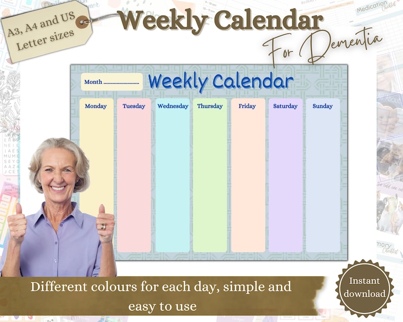 Weekly Calendar for Dementia, Printable Dementia Aid, Alzheimers Help