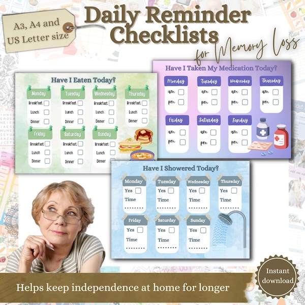 Checklists for Memory Loss, Dementia Checklists, Alzheimer's Aids, Daily Reminders, Printable Dementia Aid, Caregivers tools