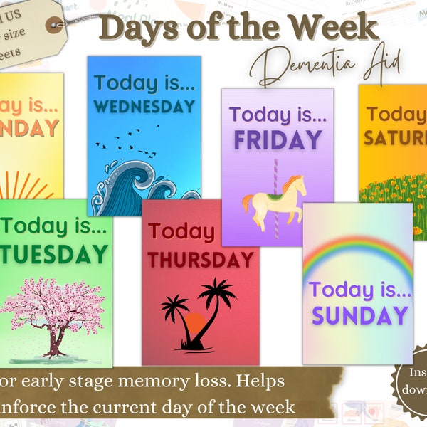 Printable Day of the Week Reminder for Memory Loss, Dementia Aid, Alzheimers Help, Dementia Aid, Memory Care, Caregivers Aid
