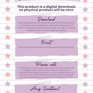 May include: Purple and pink text on a white background with black lines. The text reads "Digital Download Instructions" and includes information about downloading and printing a digital product. The text also includes a note that this listing is for a digital download only and no physical product will be shipped. The text also includes a note that colors may vary slightly when printed due to different ink cartridges and printers. The text also includes a note that refunds are not offered but the seller will do their best to help if the buyer is not happy with their purchase. The text also includes a note that if the buyer has any questions, they can use the "message seller" button. The text also includes the words "Properly Printables".