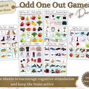 May include: Six printable game sheets designed to help stimulate cognitive function. Each sheet features a different category, such as animals, fruit and vegetables, and household objects. The game challenges players to identify the odd one out in each row of images.
