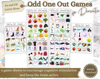 Pode incluir: Seis folhas de jogo imprimíveis projetadas para ajudar a estimular a função cognitiva. Cada folha apresenta uma categoria diferente, como animais, frutas e vegetais e objetos domésticos. O jogo desafia os jogadores a identificar o intruso em cada linha de imagens.