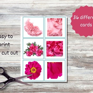 May include: Printable flower cards featuring six different pink flower images. The cards are easy to print and cut out. There are 36 different cards in total.