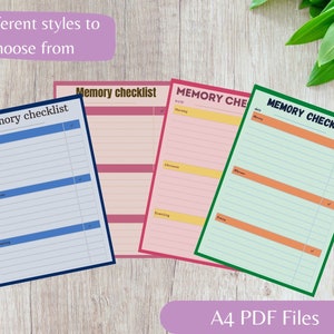 May include: Four different printable memory checklist designs in blue, pink, green, and orange. Each checklist has a space for the date, morning, afternoon, and evening. The text "Memory Checklist" is printed on each design. The text "A4 PDF Files" is printed at the bottom of the image.