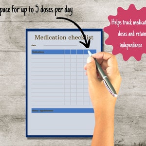 May include: A blue and white medication checklist with a space for up to 5 doses per day. The checklist includes a section for medications, notes, and appointments. The text "Helps track medication doses and retain independence" is written in pink on a white background.