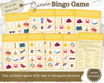Bingo Game, Bingo Board, Summer Bingo, Alzheimers Activities, Bingo for Seniors, Dementia Activities,, Dementia Printable, Dementia Download