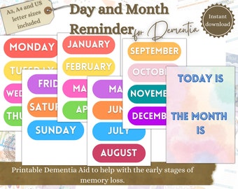 Afdrukbare dag- en maandherinnering voor geheugenverlies, hulp bij dementie, hulp bij Alzheimer, hulp bij dementie, geheugenzorg, hulp voor zorgverleners