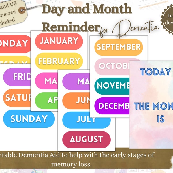 Printable Day and Month Reminder for Memory Loss, Dementia Aid, Alzheimers Help, Dementia Aid, Memory Care, Caregivers Aid