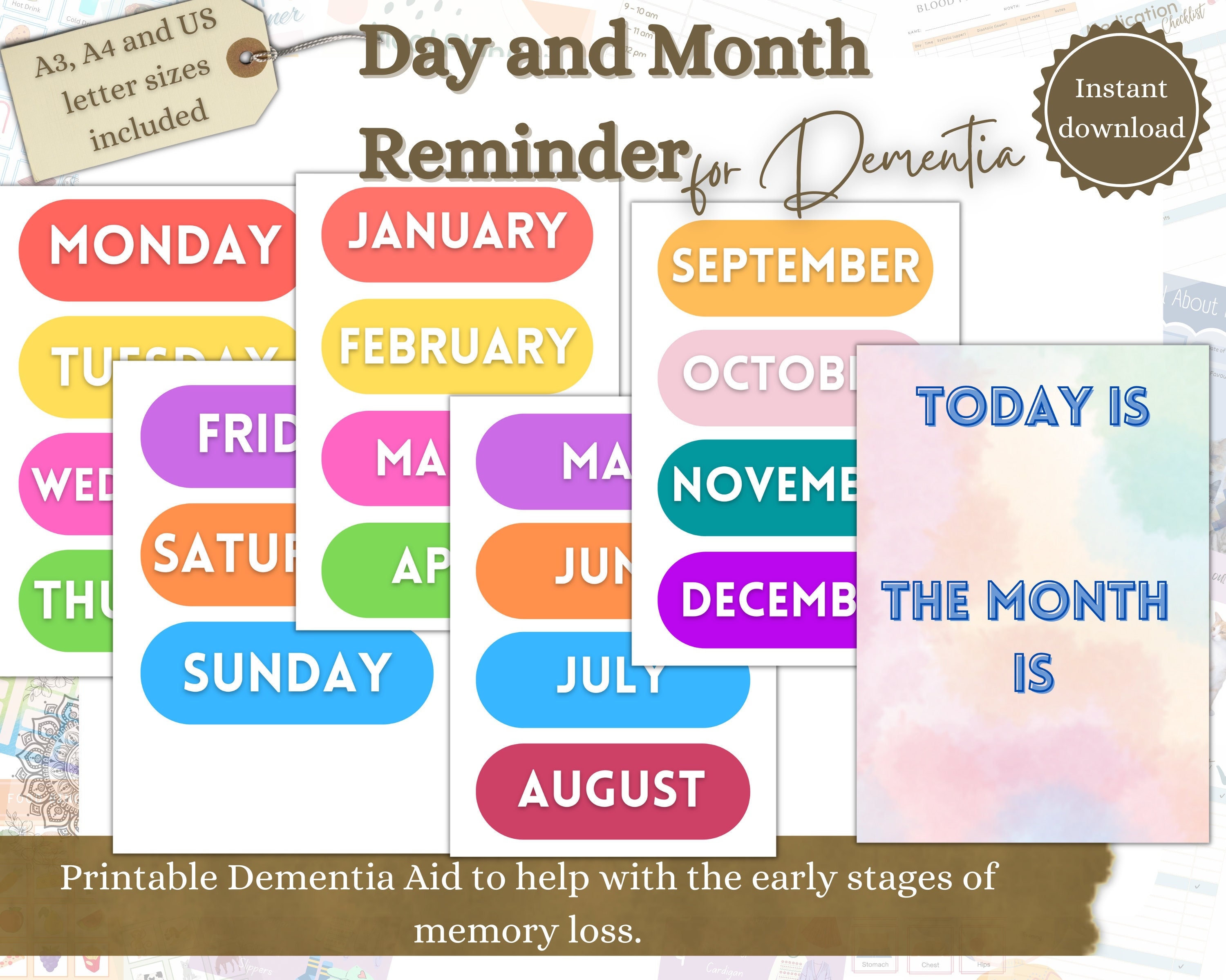 Printable Day and Month Reminder for Memory Loss, Dementia Aid, Alzheimers Help, Dementia Aid ...