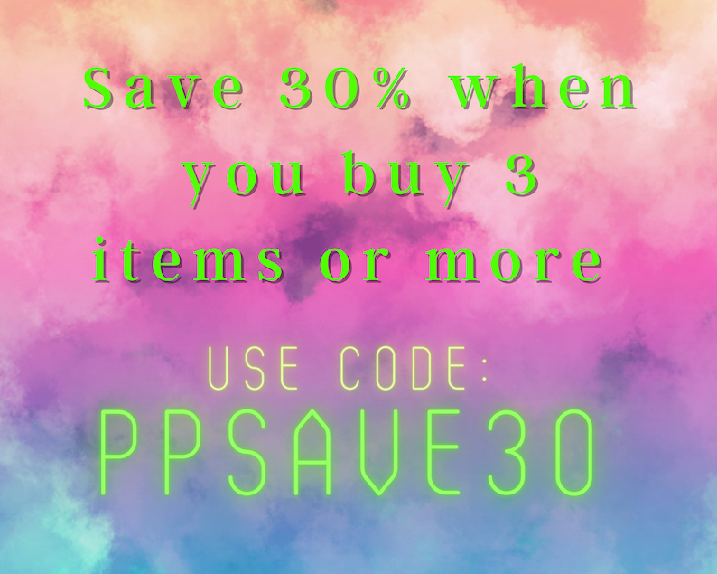May include: A colorful graphic with a pink, purple, and blue background. The text reads "Save 30% when you buy 3 items or more. USE CODE: PPSAVE30".