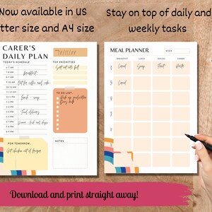 May include: A printable daily planner and meal planner with a peach background and colorful geometric designs. The daily planner has sections for "Today's Schedule", "Top Priorities", and "To Do List". The meal planner has sections for "Breakfast", "Lunch", "Snacks", and "Dinner".