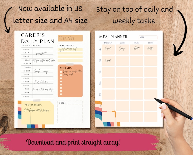 May include: A printable daily planner and meal planner with a peach background and colorful geometric designs. The daily planner has sections for "Today's Schedule", "Top Priorities", and "To Do List". The meal planner has sections for "Breakfast", "Lunch", "Snacks", and "Dinner".