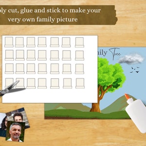 May include: A white sheet of paper with a grid of 36 empty squares, a pair of scissors, a bottle of glue, and a family tree illustration with a green tree, blue sky, and white clouds. The text "Simply cut, glue and stick to make your very own family picture" is at the top of the sheet of paper. The text "ily Tree" is on the family tree illustration.