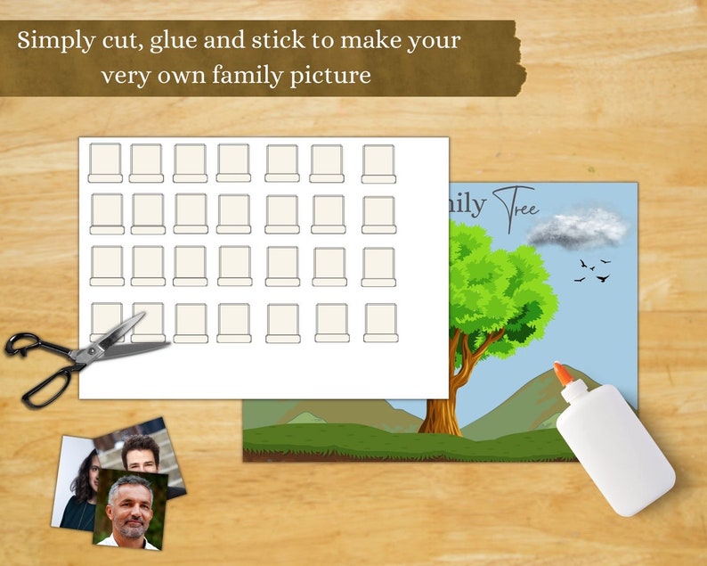 May include: A white sheet of paper with a grid of 36 empty squares, a pair of scissors, a bottle of glue, and a family tree illustration with a green tree, blue sky, and white clouds. The text "Simply cut, glue and stick to make your very own family picture" is at the top of the sheet of paper. The text "ily Tree" is on the family tree illustration.