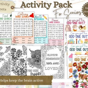 Puede incluir: Un conjunto de 12 hojas de actividades diseñadas para personas mayores. Las hojas incluyen búsquedas de palabras, encontrar las diferencias y páginas para colorear. Las hojas presentan una variedad de temas, que incluyen comida, ropa, objetos, flores y citas inspiradoras. El texto de la portada dice "Activity Pack for Seniors".