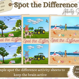 Spot the Difference Activity Sheets, Printable Activities for Seniors, Dementia Activities, Brain Games, Downloadable Activity Sheets