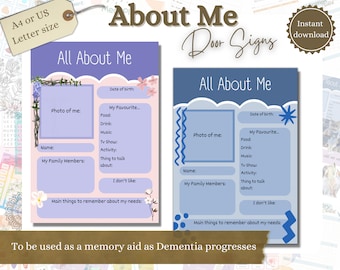 Signo de puerta de demencia, signo de puerta de cuidado de la memoria, acerca de mí, actividad de Alzheimer, signo de demencia, entorno de cuidado, signo de demencia imprimible, ayuda para la memoria