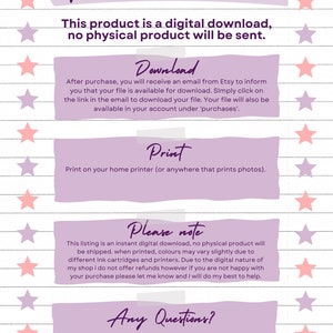 May include: Purple and pink text on a white background with black lines. The text reads "Digital Download Instructions" and includes information about downloading and printing a digital product. The text also includes a note that this listing is for a digital download only and no physical product will be shipped. The text also includes a note that colors may vary slightly when printed due to different ink cartridges and printers. The text also includes a note that refunds are not offered but the seller will do their best to help if the buyer is not happy with their purchase. The text also includes a note that if the buyer has any questions, they can use the "message seller" button. The text also includes the words "Properly Printables".