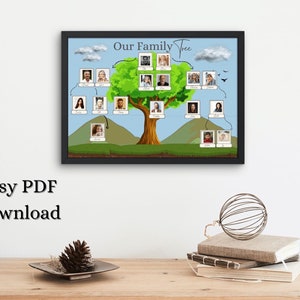 May include: A framed family tree illustration with a green tree and blue sky background. The tree has branches with photos of people on them. The text "Our Family Tree" is at the top of the image.
